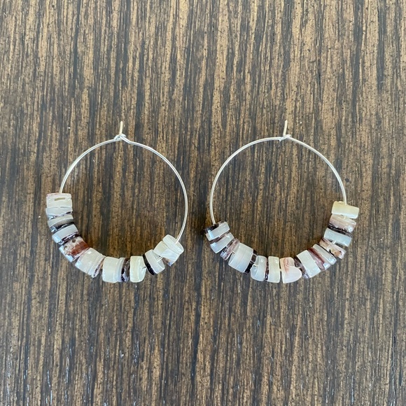 Hand Crafted Jewelry - HAND CRAFTED EARRINGS Silver Plated Wire Hoops Amber Shell Rondelles